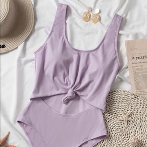 Rib Cut-Out Knot Hem One Piece Swimsuit